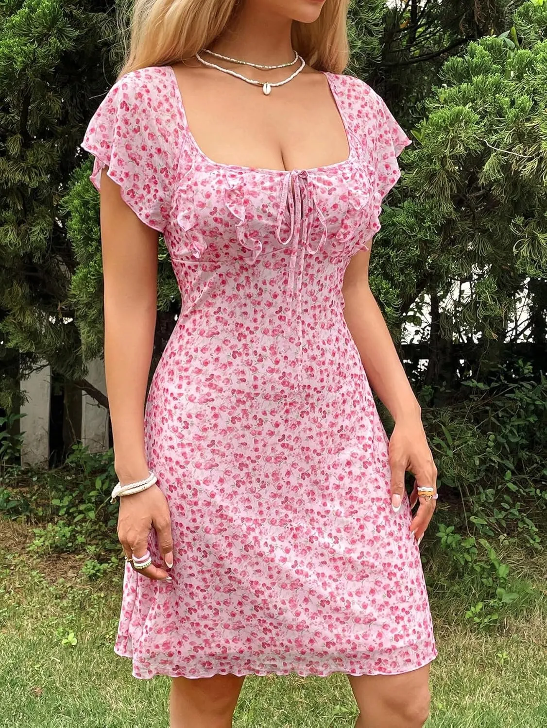 Floerns Women's Floral Print Flounce Sleeve Square Neck Ruffle Trim Boho Short Dress