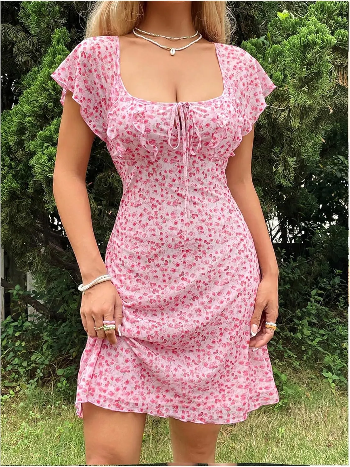 Floerns Women's Floral Print Flounce Sleeve Square Neck Ruffle Trim Boho Short Dress