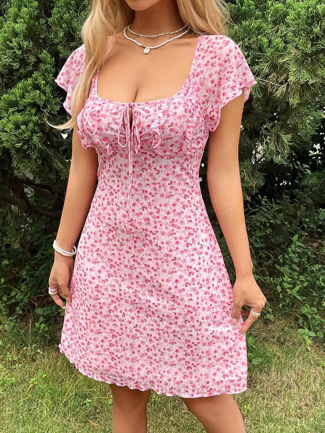 Floerns Women's Floral Print Flounce Sleeve Square Neck Ruffle Trim Boho Short Dress