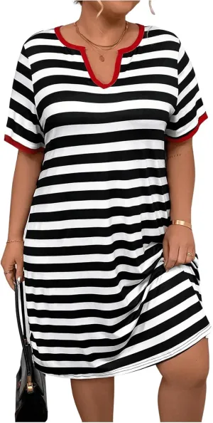 Floerns Women's Plus Size Notched V Neck Stripe Short Sleeve Loose T Shirt Dress