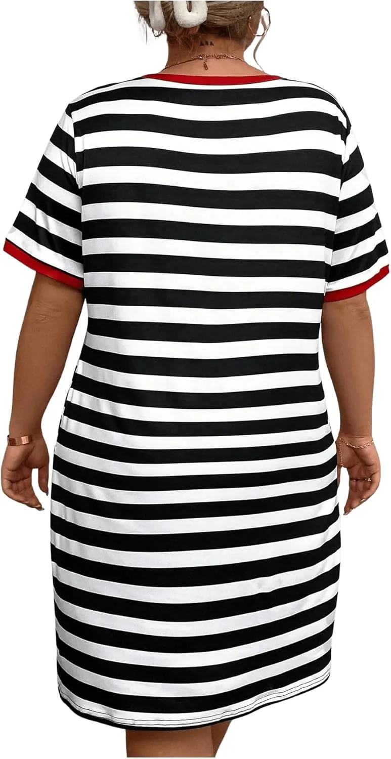 Floerns Women's Plus Size Notched V Neck Stripe Short Sleeve Loose T Shirt Dress