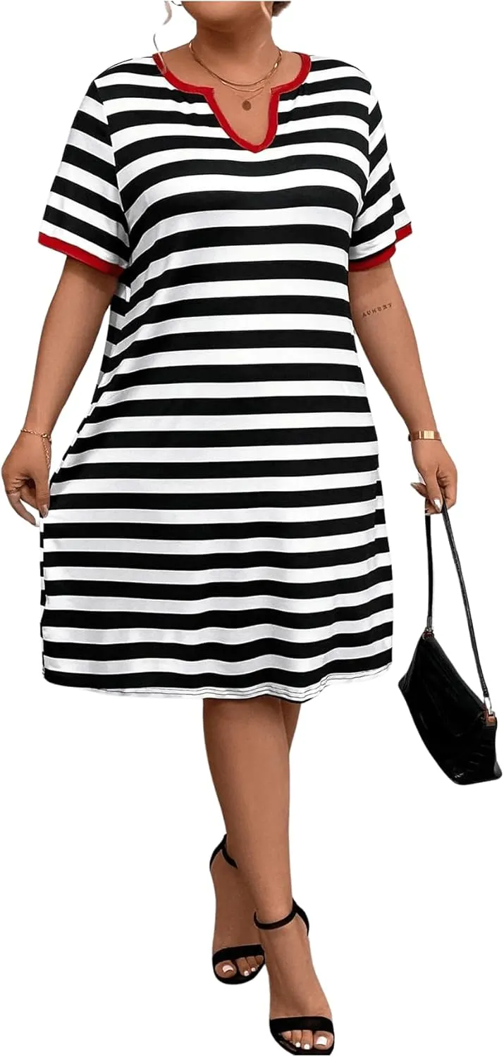 Floerns Women's Plus Size Notched V Neck Stripe Short Sleeve Loose T Shirt Dress