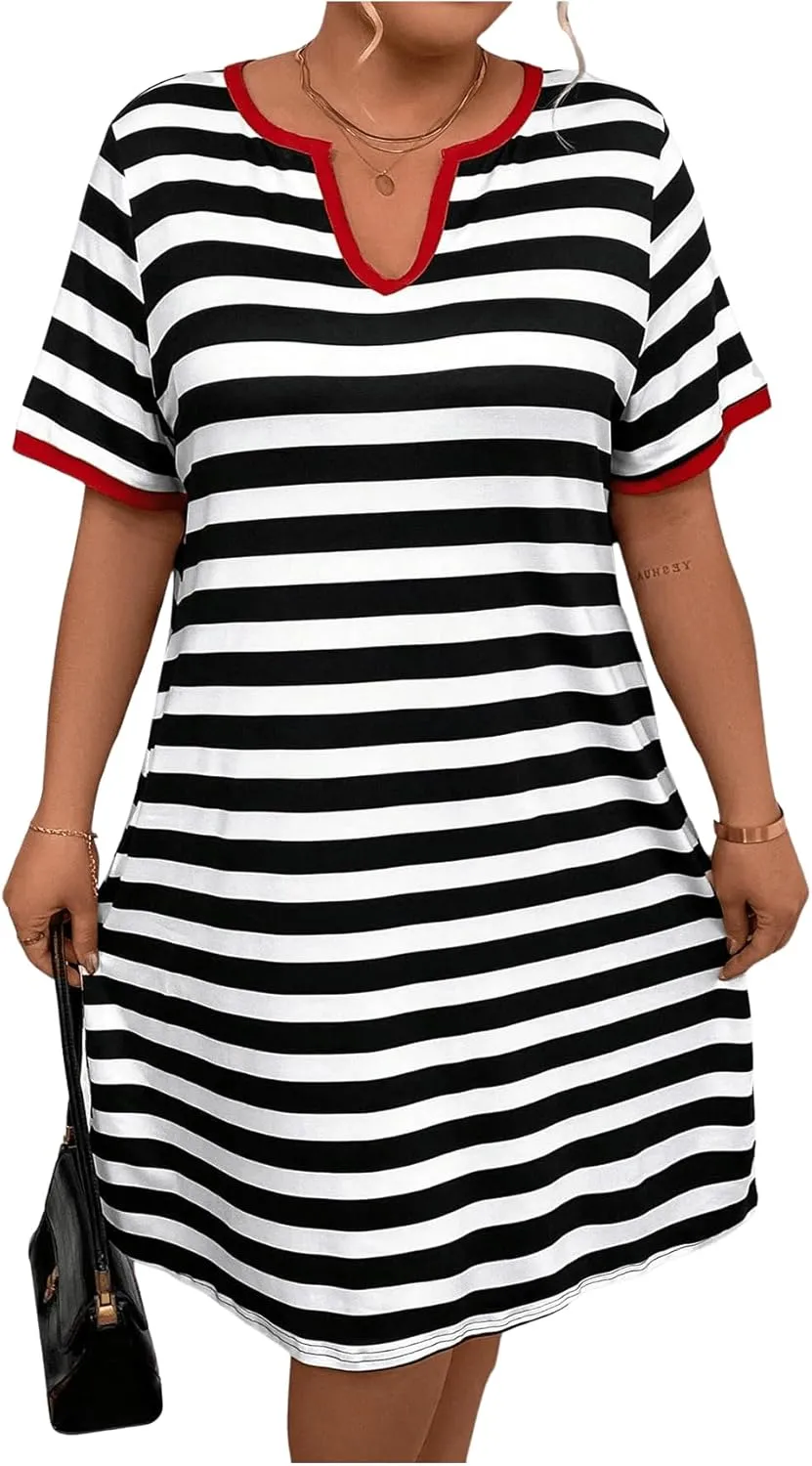 Floerns Women's Plus Size Notched V Neck Stripe Short Sleeve Loose T Shirt Dress