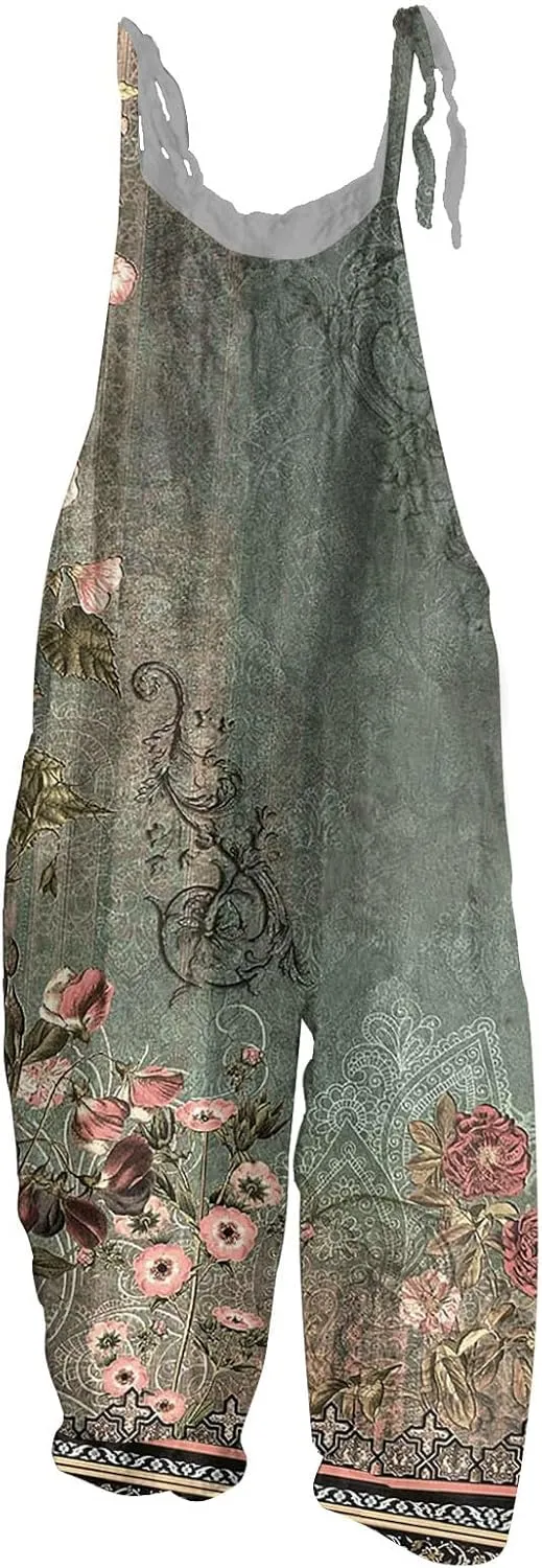 Floral Print Cotton Linen Summer Overalls for Women 2025 Fashion Plus Size Adjustable Jumpsuits Rompers Pants