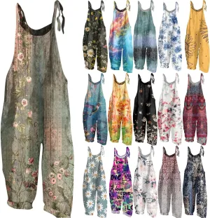 Floral Print Cotton Linen Summer Overalls for Women 2025 Fashion Plus Size Adjustable Jumpsuits Rompers Pants