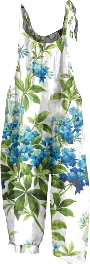 Floral Print Cotton Linen Summer Overalls for Women 2025 Fashion Plus Size Adjustable Jumpsuits Rompers Pants
