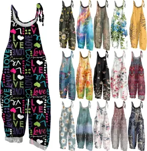 Floral Print Cotton Linen Summer Overalls for Women 2025 Fashion Plus Size Adjustable Jumpsuits Rompers Pants