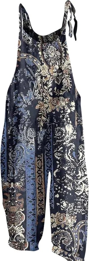 Floral Print Cotton Linen Summer Overalls for Women 2025 Fashion Plus Size Adjustable Jumpsuits Rompers Pants