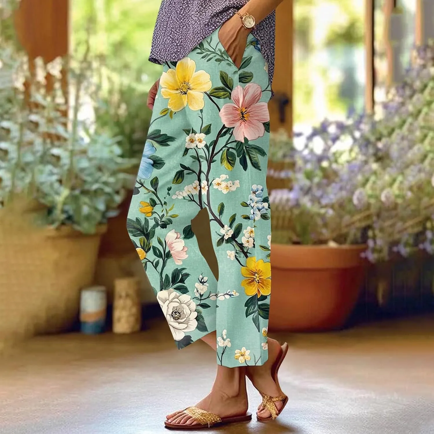 Flowy Pants for Women Boho Summer Linen Pants High Waisted Wide Leg Palazzo Pant Floral Beach Pant with Pockets