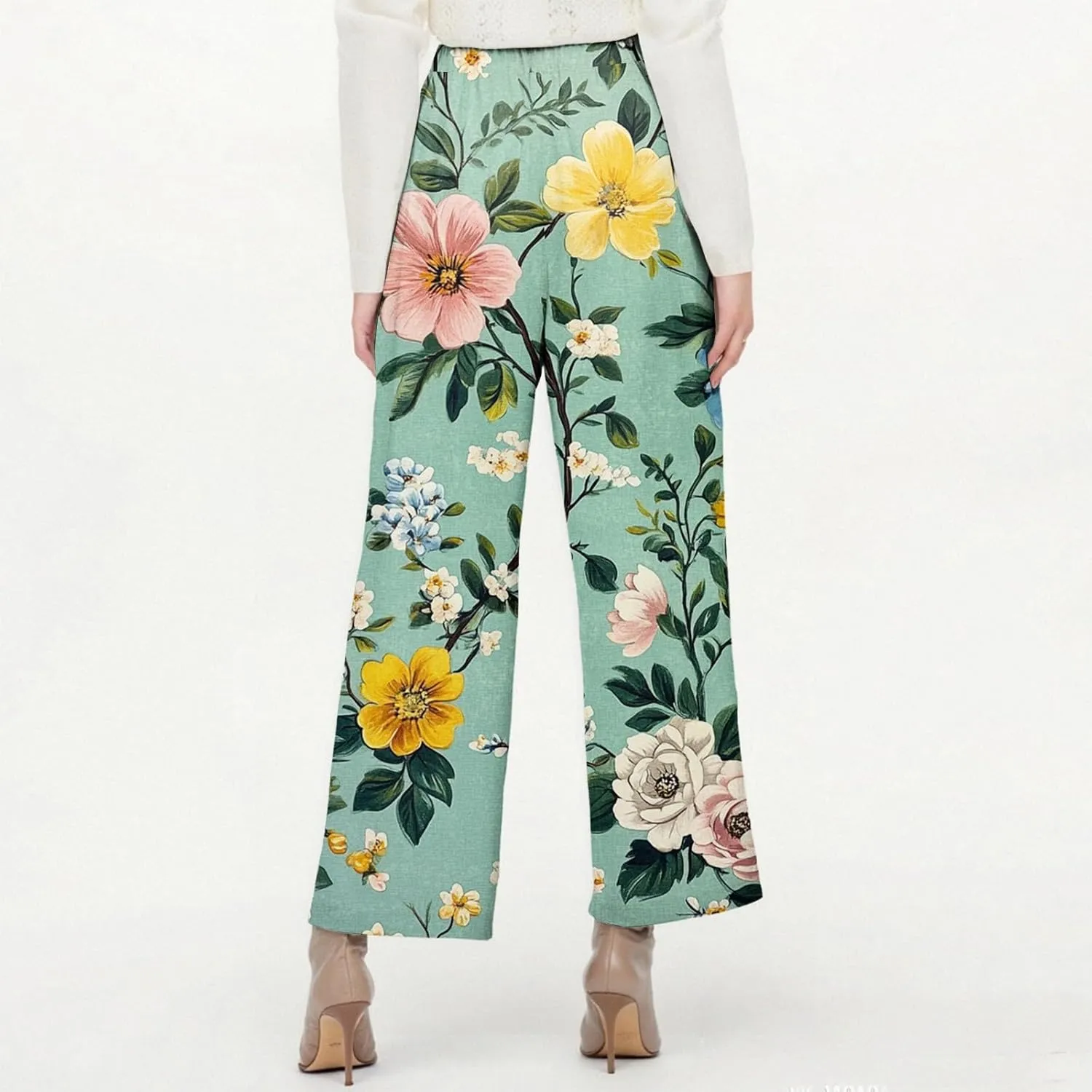 Flowy Pants for Women Boho Summer Linen Pants High Waisted Wide Leg Palazzo Pant Floral Beach Pant with Pockets
