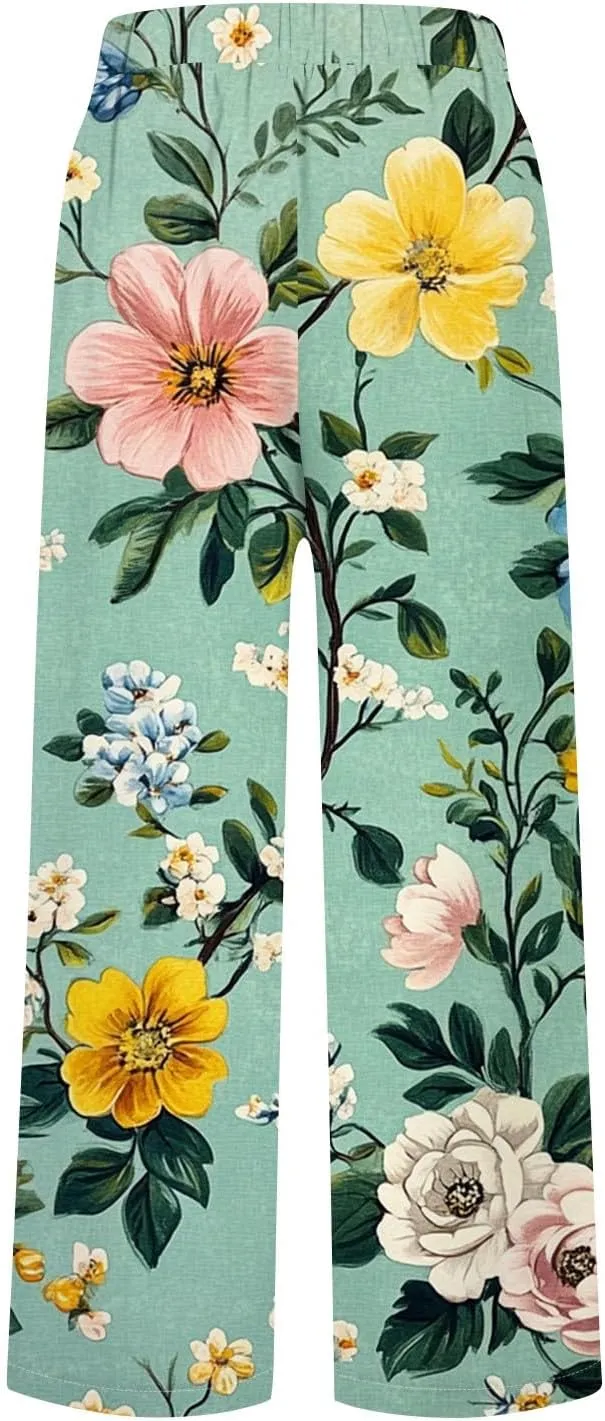 Flowy Pants for Women Boho Summer Linen Pants High Waisted Wide Leg Palazzo Pant Floral Beach Pant with Pockets