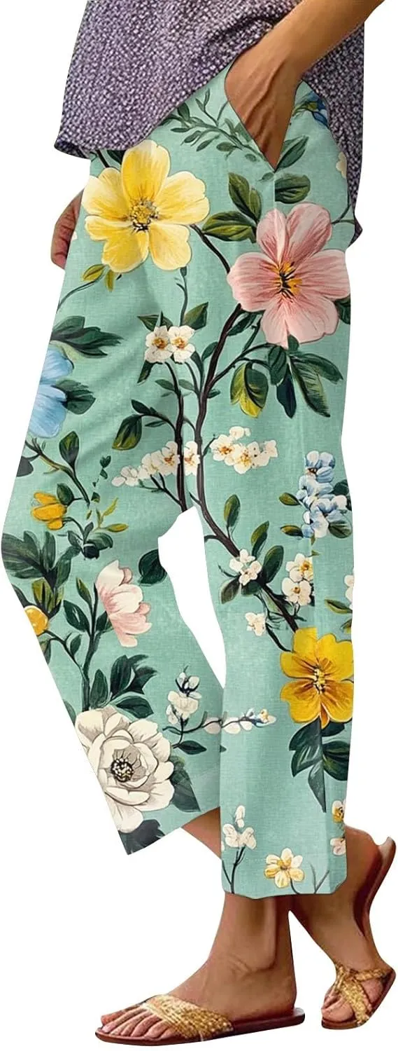 Flowy Pants for Women Boho Summer Linen Pants High Waisted Wide Leg Palazzo Pant Floral Beach Pant with Pockets