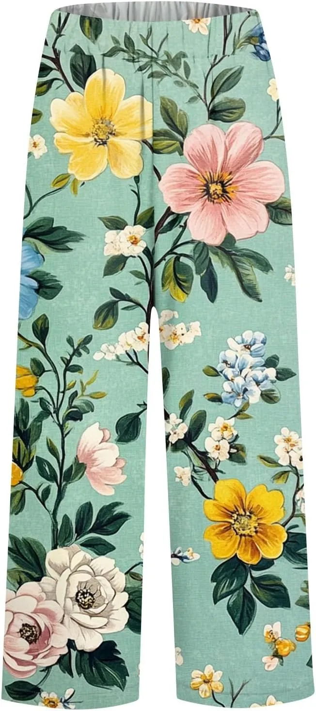 Flowy Pants for Women Boho Summer Linen Pants High Waisted Wide Leg Palazzo Pant Floral Beach Pant with Pockets