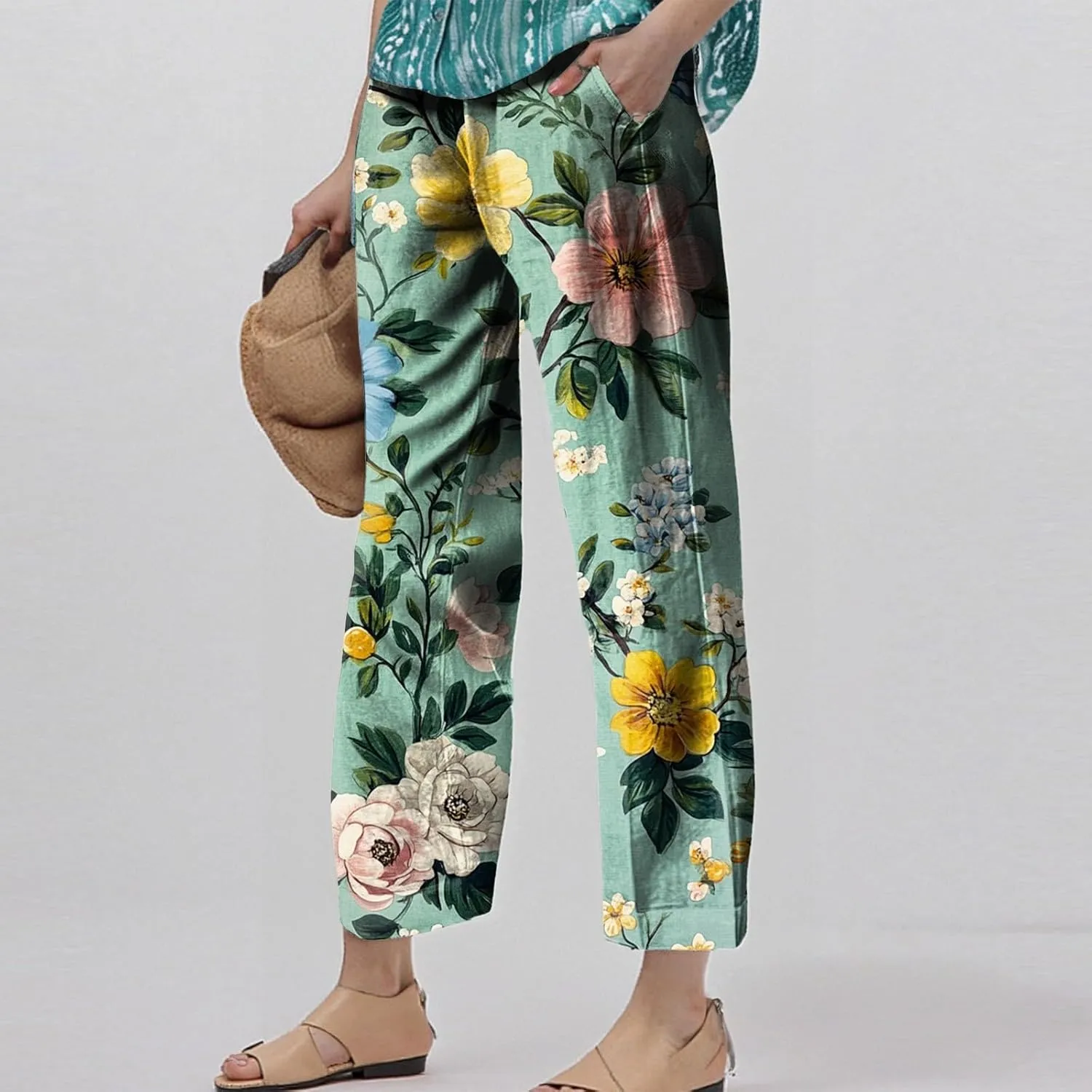 Flowy Pants for Women Boho Summer Linen Pants High Waisted Wide Leg Palazzo Pant Floral Beach Pant with Pockets