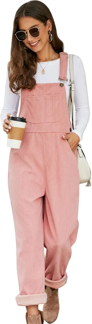 Flygo Corduroy Overalls for Women Loose Fit Adjustable Straps Long Bib Pants Wide Leg Jumpsuits with Pockets