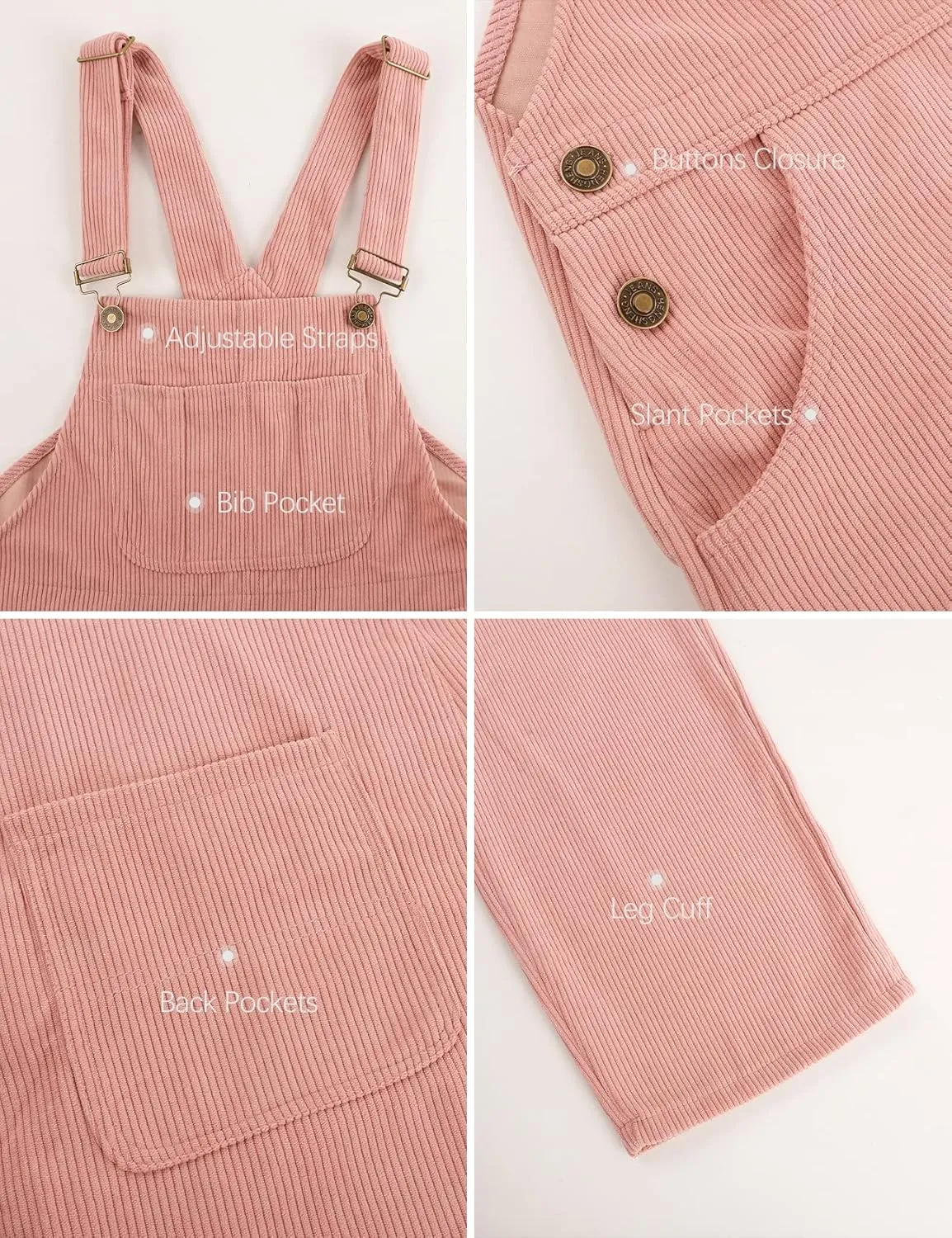 Flygo Corduroy Overalls for Women Loose Fit Adjustable Straps Long Bib Pants Wide Leg Jumpsuits with Pockets