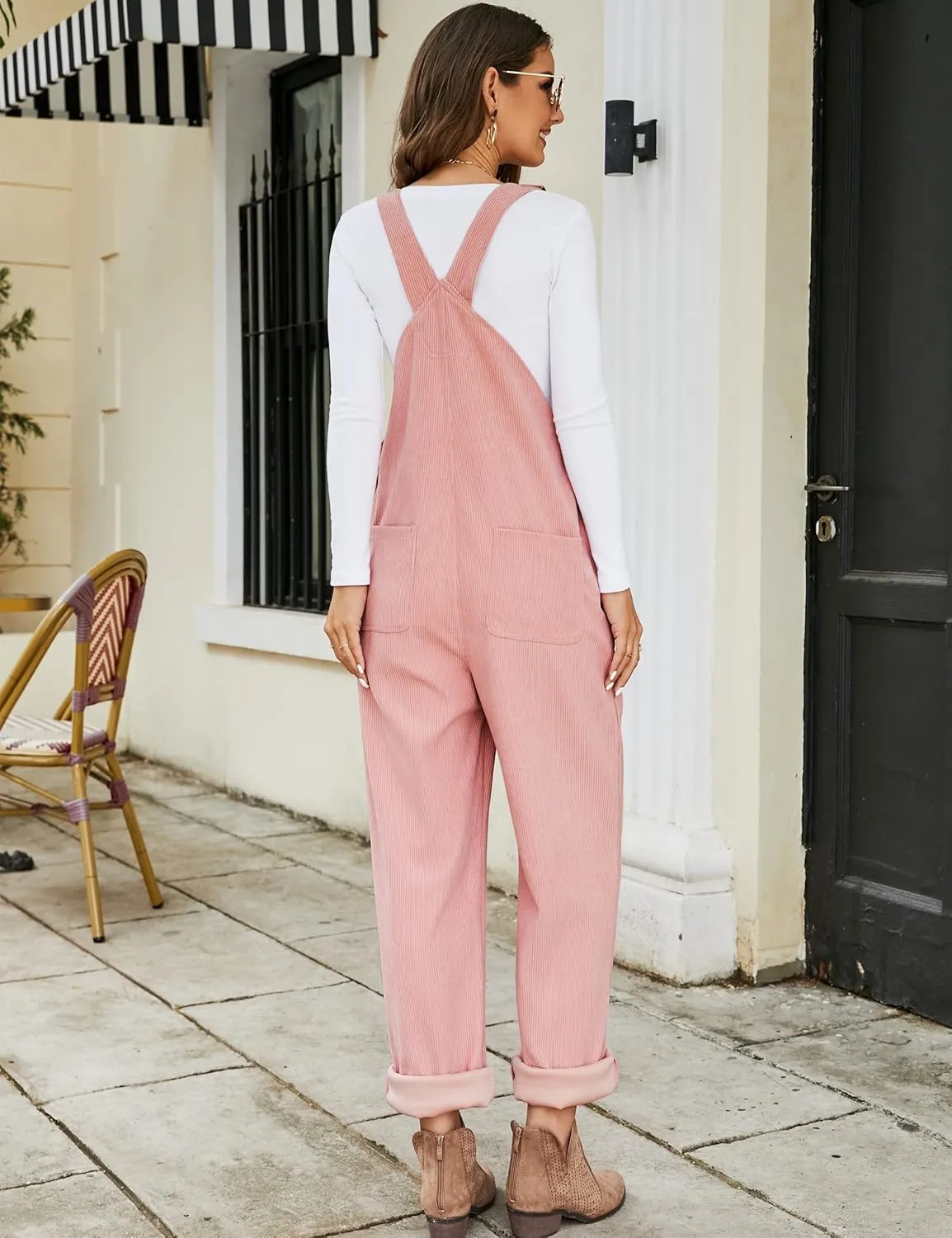 Flygo Corduroy Overalls for Women Loose Fit Adjustable Straps Long Bib Pants Wide Leg Jumpsuits with Pockets