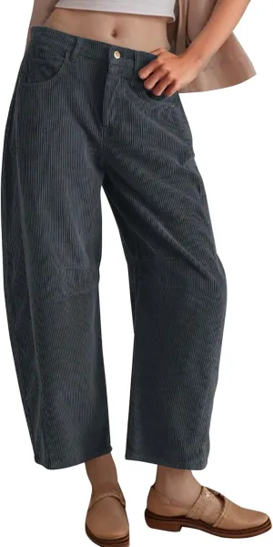 Flygo Womens Corduroy Pants Mid Rise Corduroy Barrel Pants Wide Leg Elastic Waist Cord Pants Casual Baggy Trousers