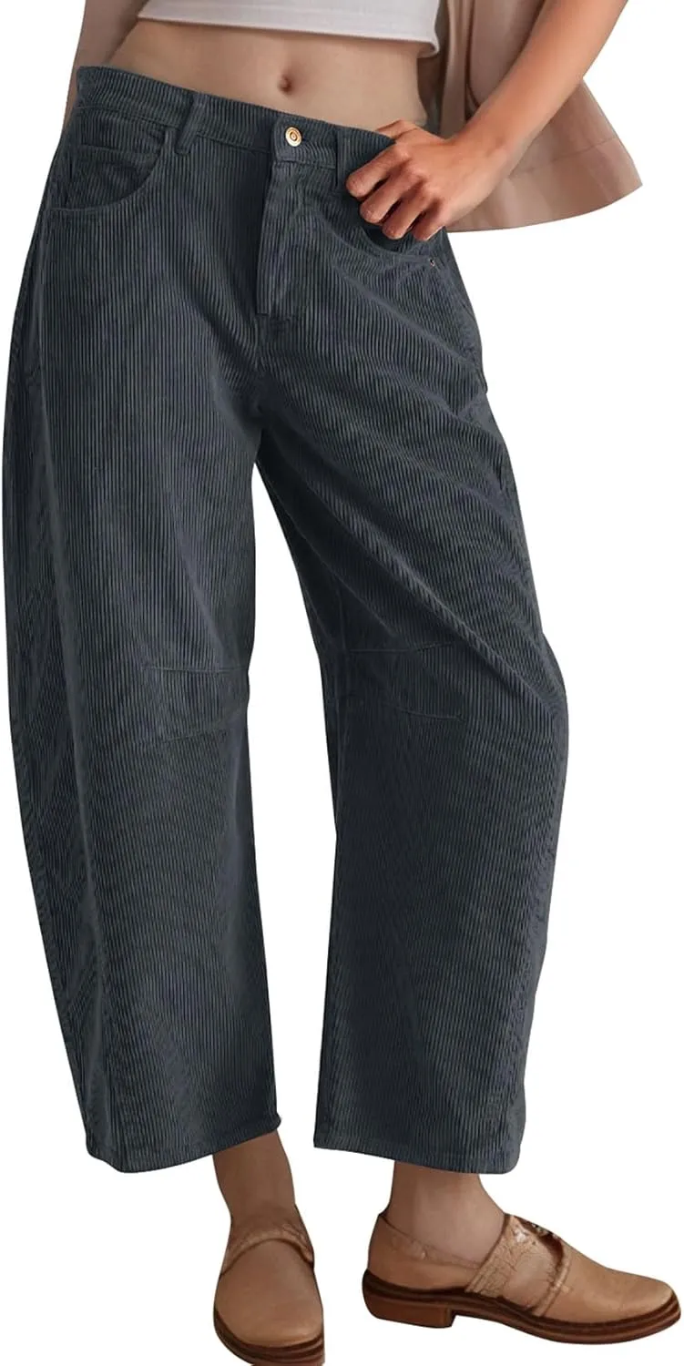 Flygo Womens Corduroy Pants Mid Rise Corduroy Barrel Pants Wide Leg Elastic Waist Cord Pants Casual Baggy Trousers