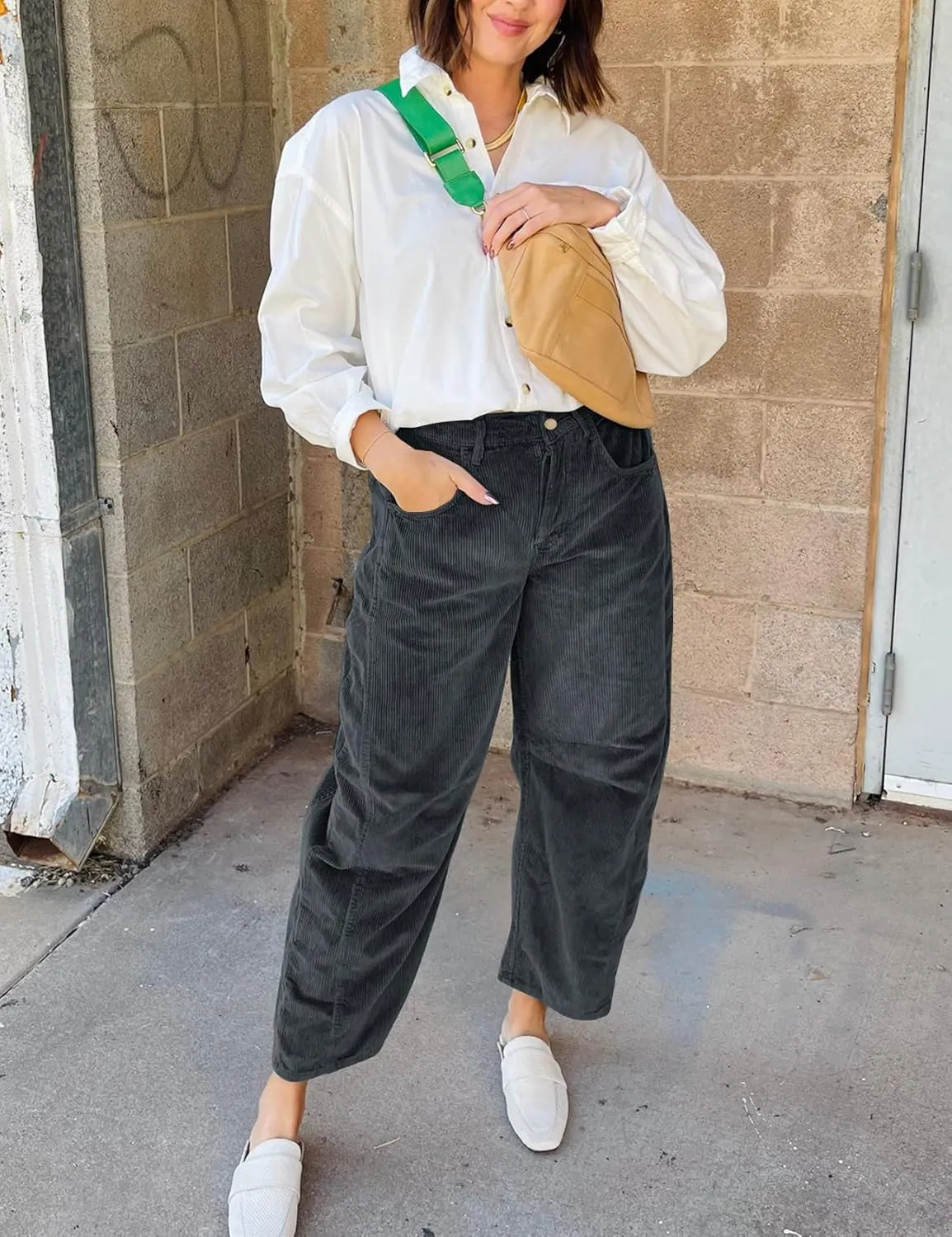 Flygo Womens Corduroy Pants Mid Rise Corduroy Barrel Pants Wide Leg Elastic Waist Cord Pants Casual Baggy Trousers
