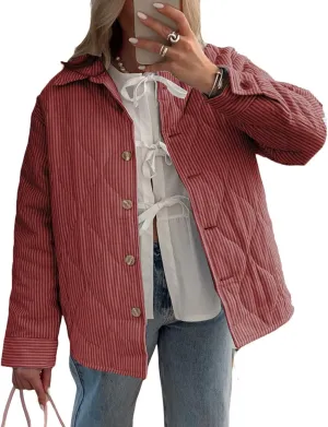 FOMOYUU Women Y2K Quilted Jacket Turn Down Collar Striped Print Button Padded Coat Lightweight Long Sleeve Puffer Outwear