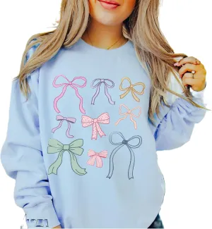 FOMOYUU Women's Bow Trim Print Hoodies Sweatshirts Oversized Long Sleeve Hooded Y2k Graphic Drop Shoulder Pullover Top