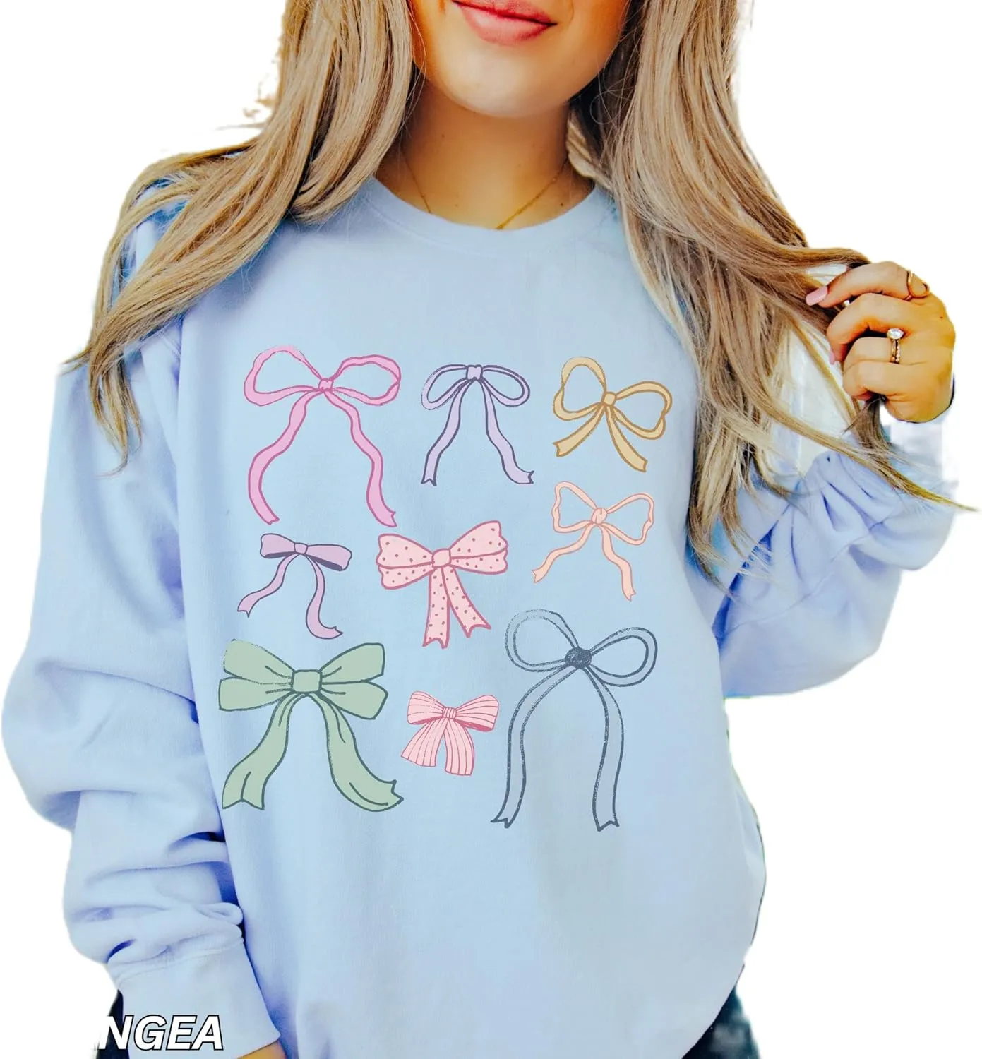 FOMOYUU Women's Bow Trim Print Hoodies Sweatshirts Oversized Long Sleeve Hooded Y2k Graphic Drop Shoulder Pullover Top