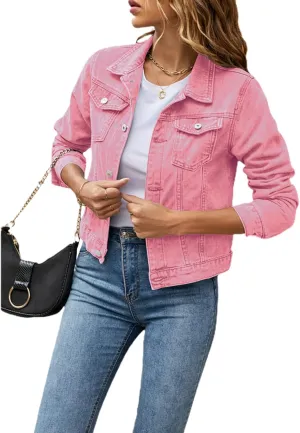 FOMOYUU Women's Cropped Denim Jacket Button Down Long Sleeve Vintage Casual Jean Coat Classic Trucker Jacket Outerwear