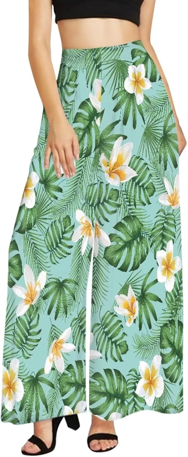 Forchrinse Pink Plum Blossom Womens Wide Leg Pants High Waist Long Palazzo Pants Floral Flared Lounge Pants Plus Size