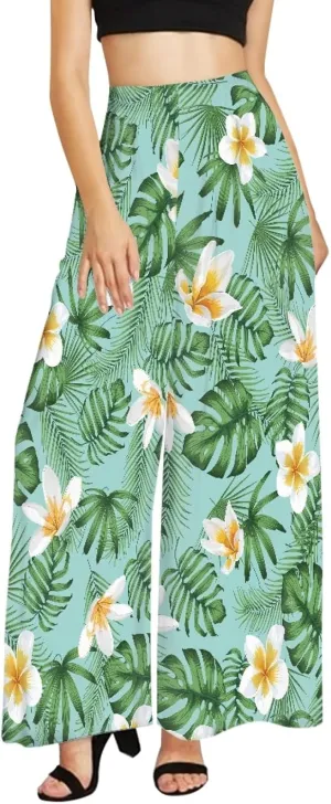 Forchrinse Pink Plum Blossom Womens Wide Leg Pants High Waist Long Palazzo Pants Floral Flared Lounge Pants Plus Size