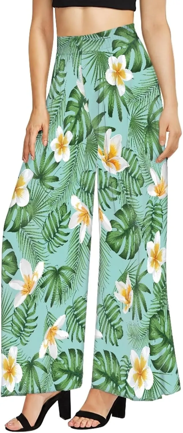 Forchrinse Pink Plum Blossom Womens Wide Leg Pants High Waist Long Palazzo Pants Floral Flared Lounge Pants Plus Size