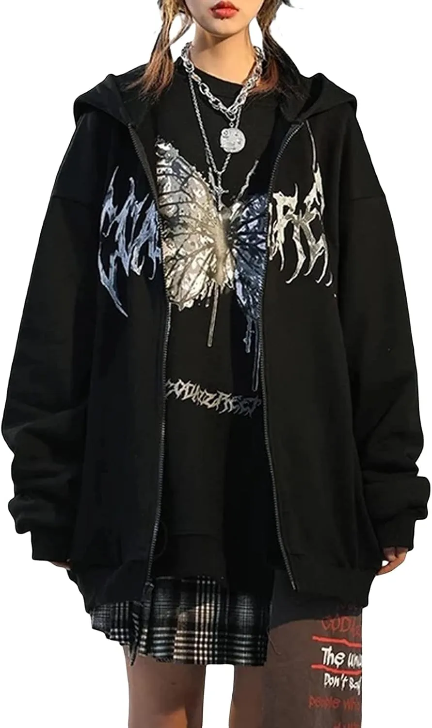 Franhais Gothic Zip Up Hoodie Oversized Women Sweatshirt Harajuku Punk E-Girls Y2K Aesthetic Autumn Outwear Jacket