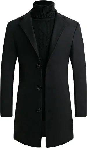 French Woolen Coat For Men's,Mens Business Solid Down Jacket Trench Topcoat Breasted Slim Fit Lapel Winter Overcoat