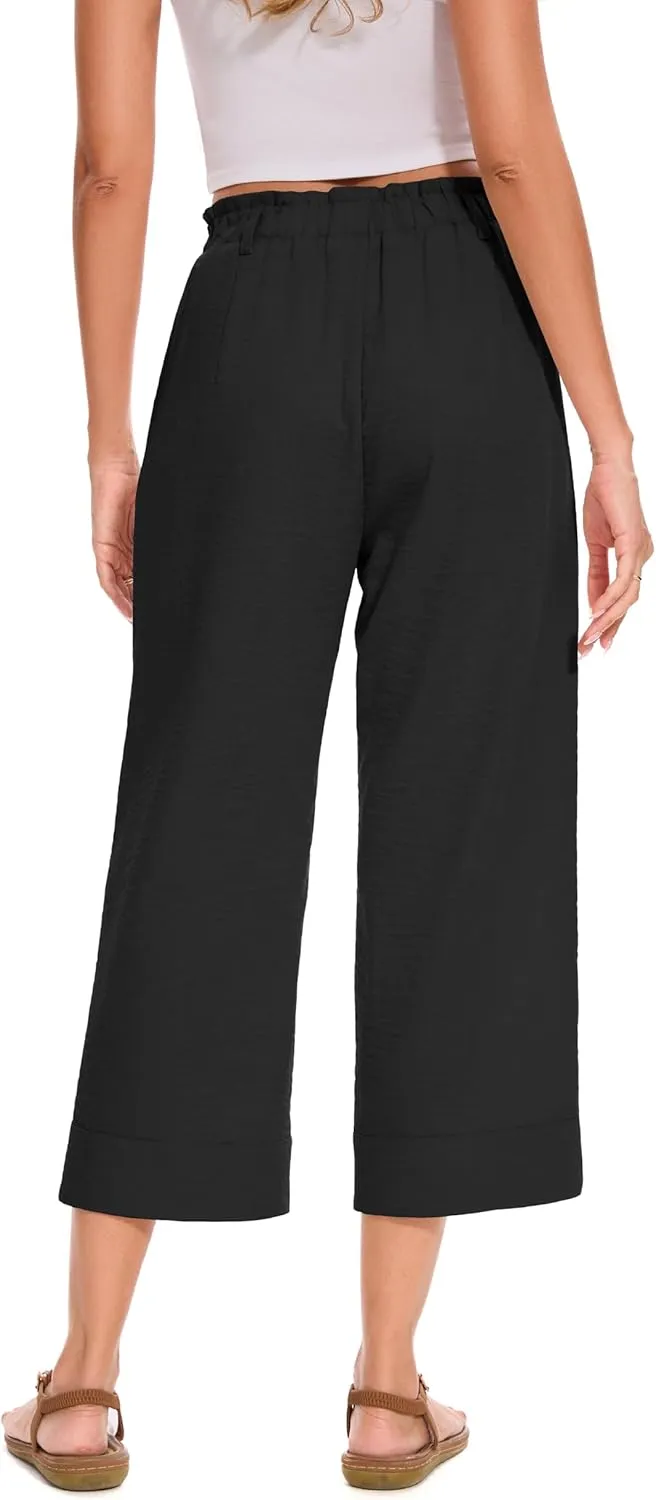 FUNYYZO Women Summer Capri Pants Trousers Pants Drawstring Waist Wide Leg Casual Loose Fit Dressy Pants