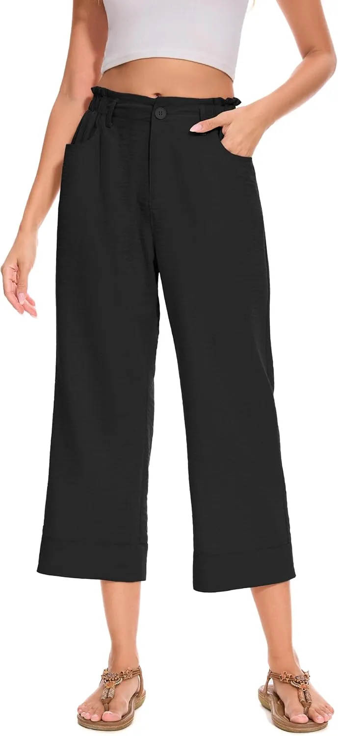 FUNYYZO Women Summer Capri Pants Trousers Pants Drawstring Waist Wide Leg Casual Loose Fit Dressy Pants