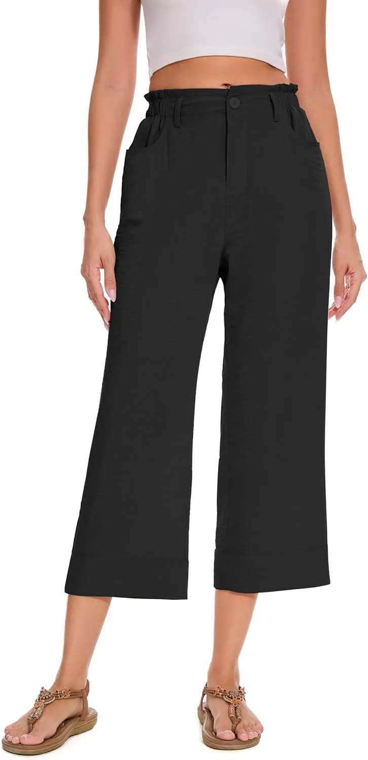 FUNYYZO Women Summer Capri Pants Trousers Pants Drawstring Waist Wide Leg Casual Loose Fit Dressy Pants
