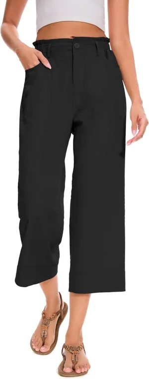 FUNYYZO Women Summer Capri Pants Trousers Pants Drawstring Waist Wide Leg Casual Loose Fit Dressy Pants