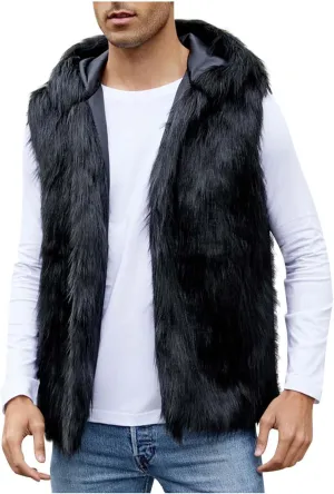Fur Vest Jacket for Men Furry Faux Fur Coat Hooded Open Front Warm Casual Loose Thicken Cardigan Winter Cardigan Vest