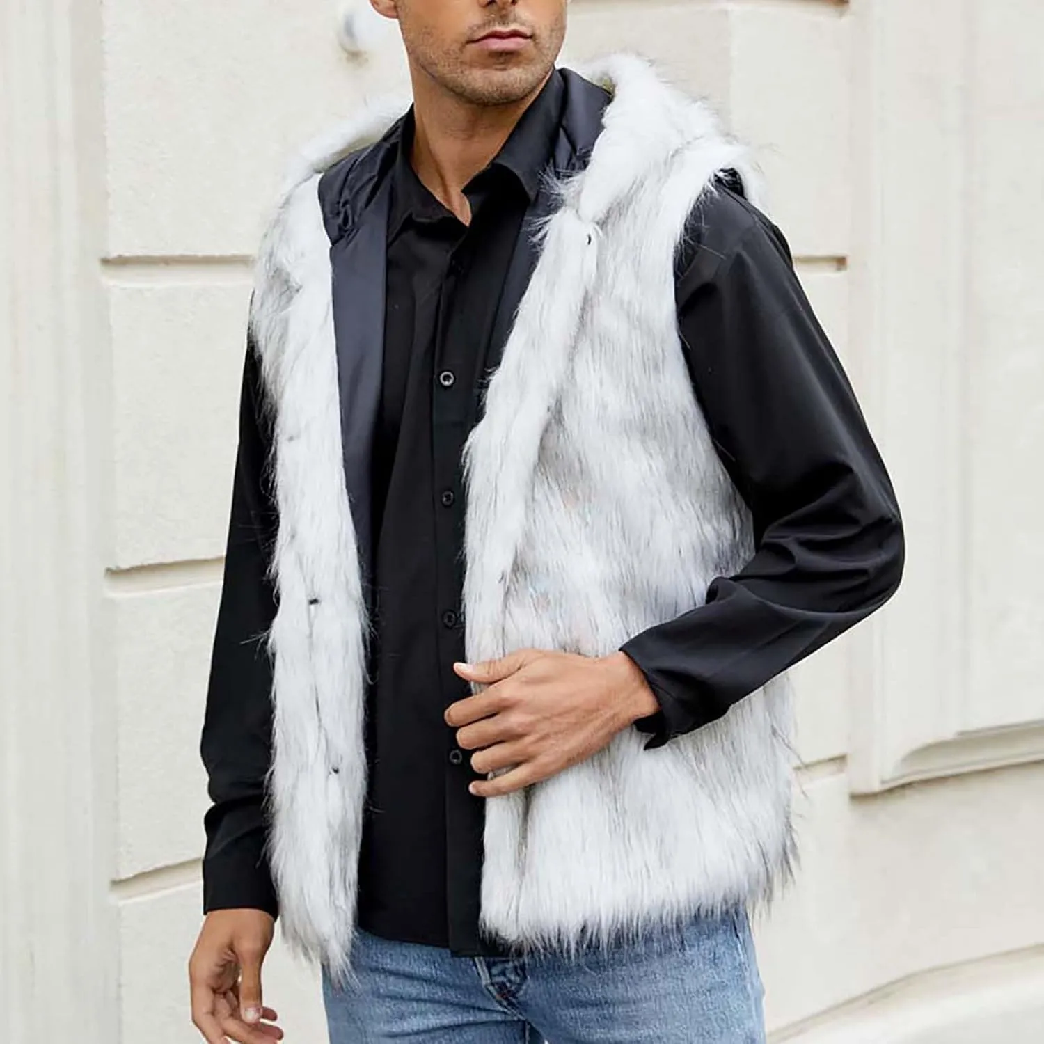 Fur Vest Jacket for Men Furry Faux Fur Coat Hooded Open Front Warm Casual Loose Thicken Cardigan Winter Cardigan Vest