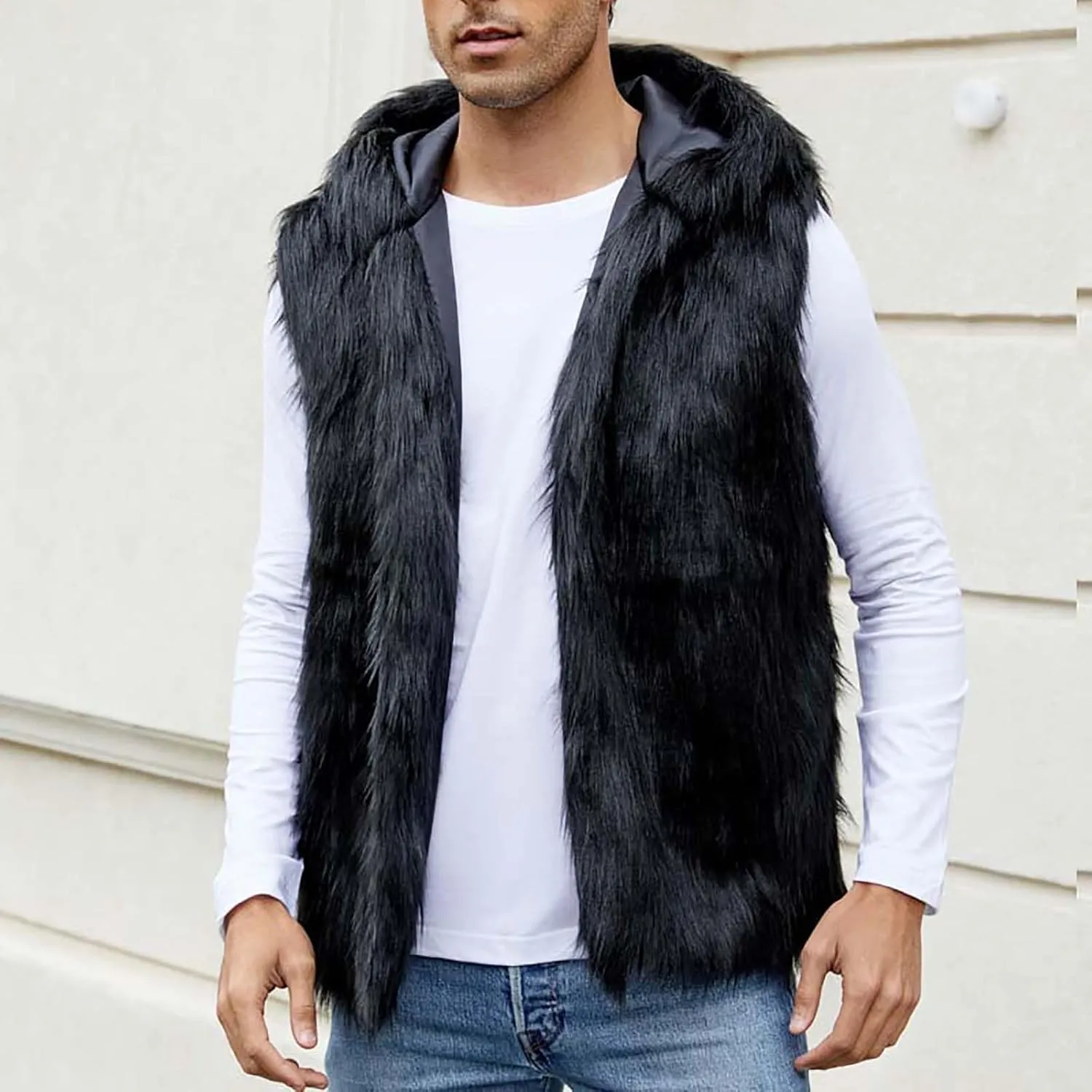 Fur Vest Jacket for Men Furry Faux Fur Coat Hooded Open Front Warm Casual Loose Thicken Cardigan Winter Cardigan Vest