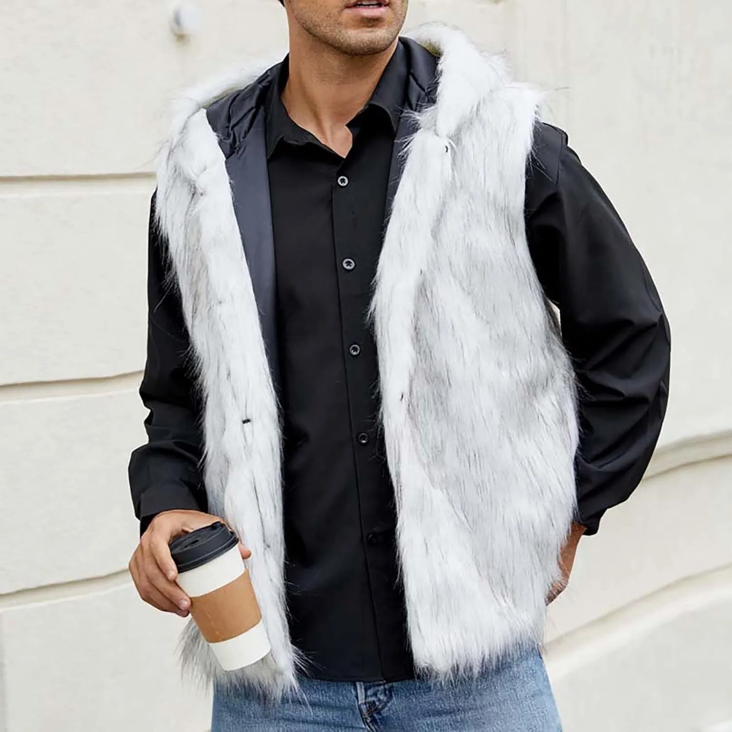 Fur Vest Jacket for Men Furry Faux Fur Coat Hooded Open Front Warm Casual Loose Thicken Cardigan Winter Cardigan Vest