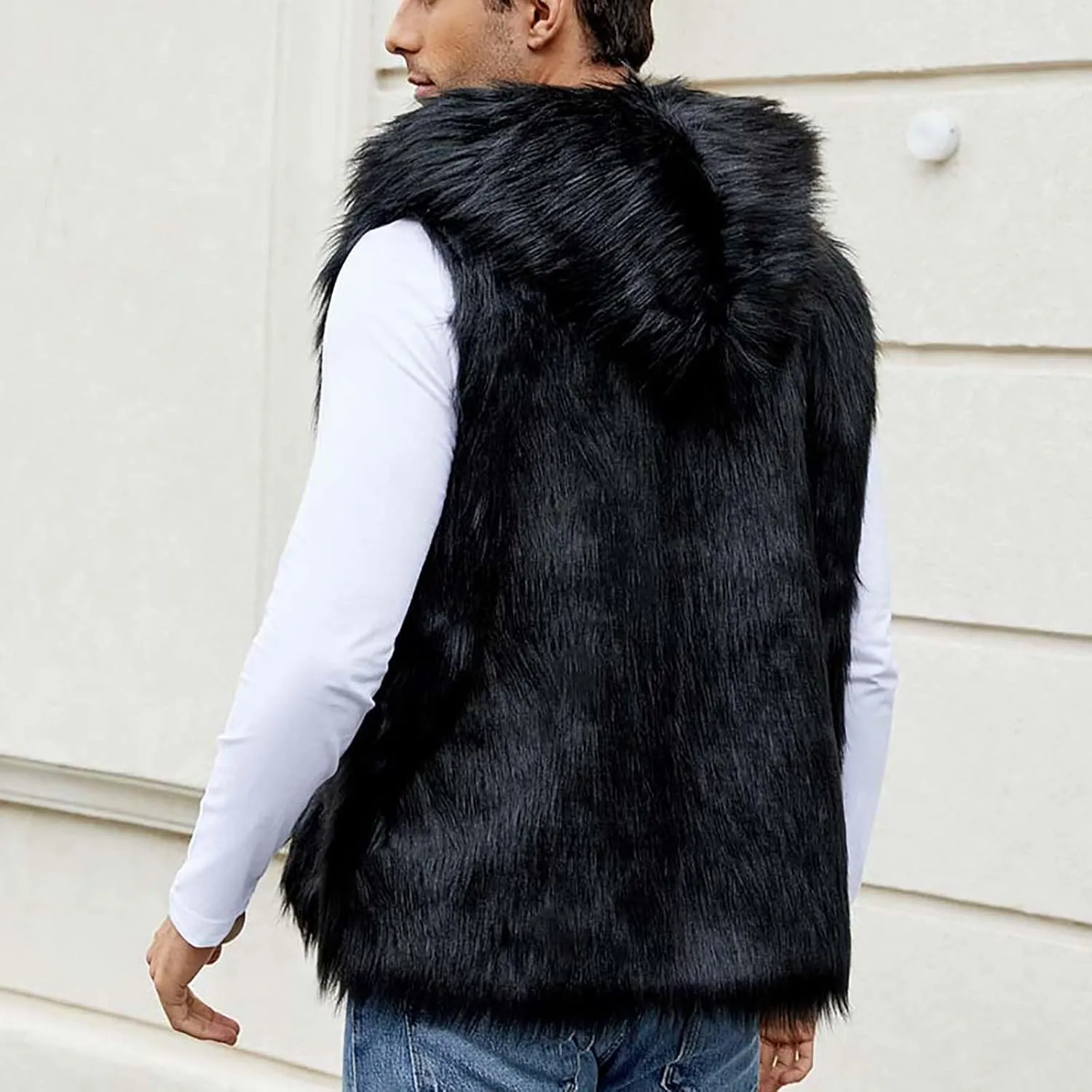 Fur Vest Jacket for Men Furry Faux Fur Coat Hooded Open Front Warm Casual Loose Thicken Cardigan Winter Cardigan Vest