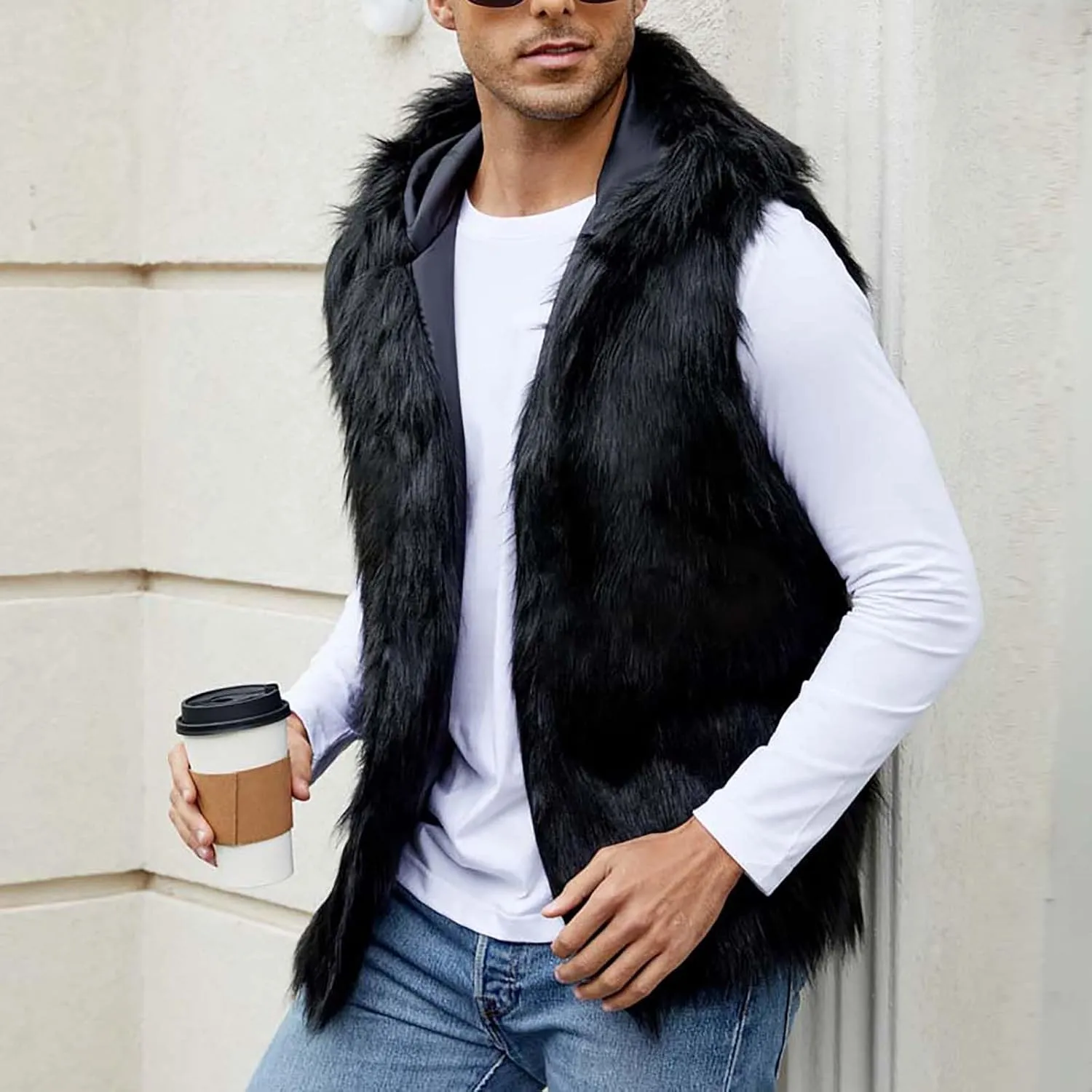 Fur Vest Jacket for Men Furry Faux Fur Coat Hooded Open Front Warm Casual Loose Thicken Cardigan Winter Cardigan Vest