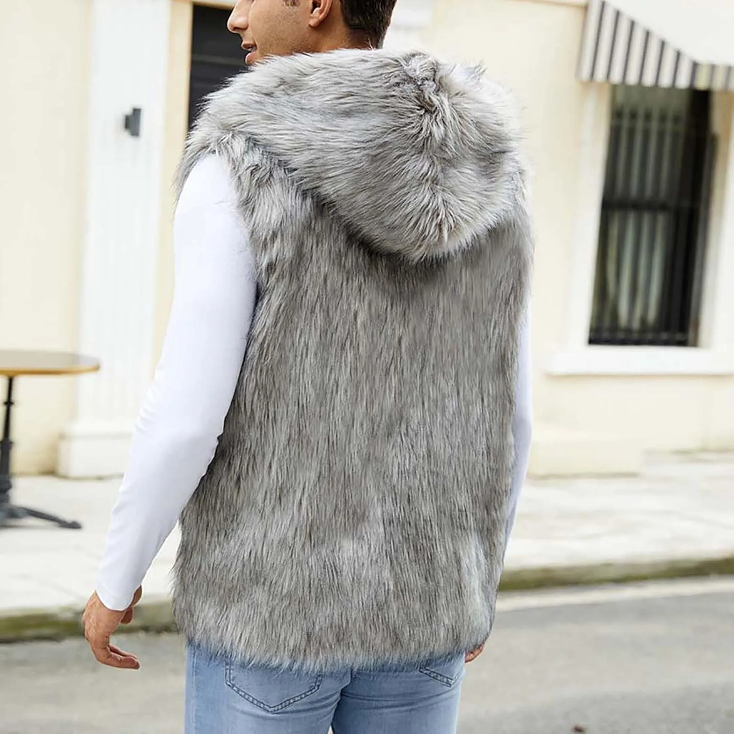 Fur Vest Jacket for Men Furry Faux Fur Coat Hooded Open Front Warm Casual Loose Thicken Cardigan Winter Cardigan Vest