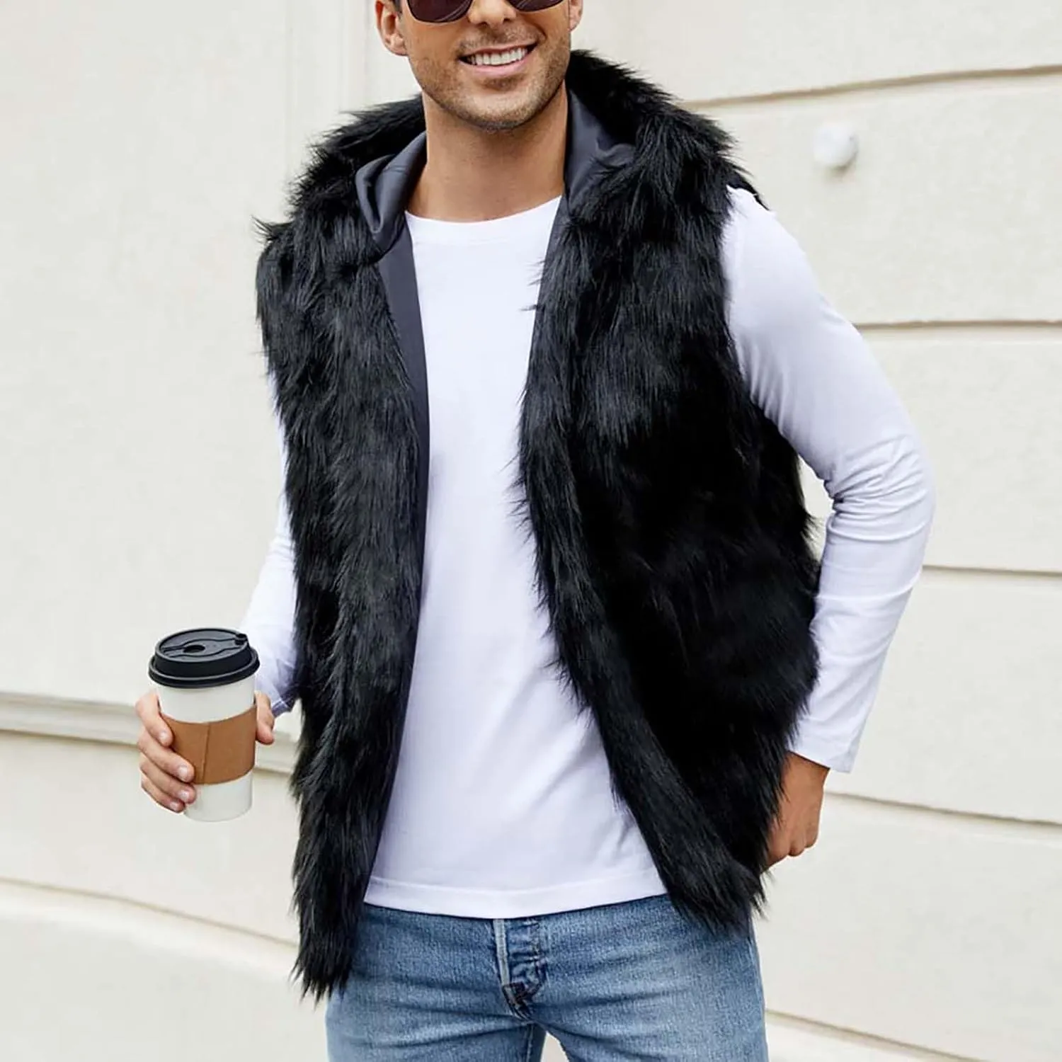 Fur Vest Jacket for Men Furry Faux Fur Coat Hooded Open Front Warm Casual Loose Thicken Cardigan Winter Cardigan Vest