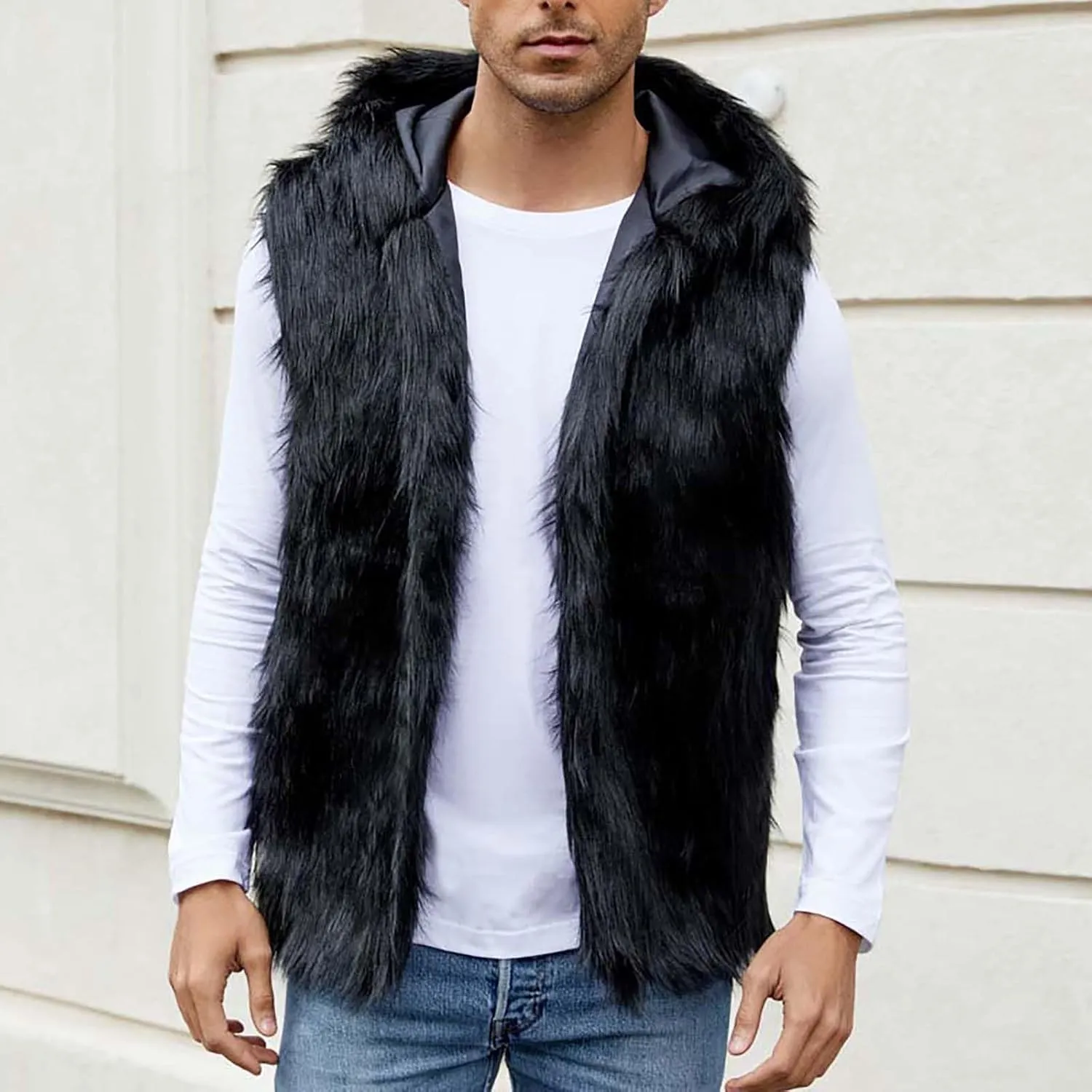 Fur Vest Jacket for Men Furry Faux Fur Coat Hooded Open Front Warm Casual Loose Thicken Cardigan Winter Cardigan Vest