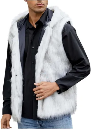 Fur Vest Jacket for Men Furry Faux Fur Coat Hooded Open Front Warm Casual Loose Thicken Cardigan Winter Cardigan Vest