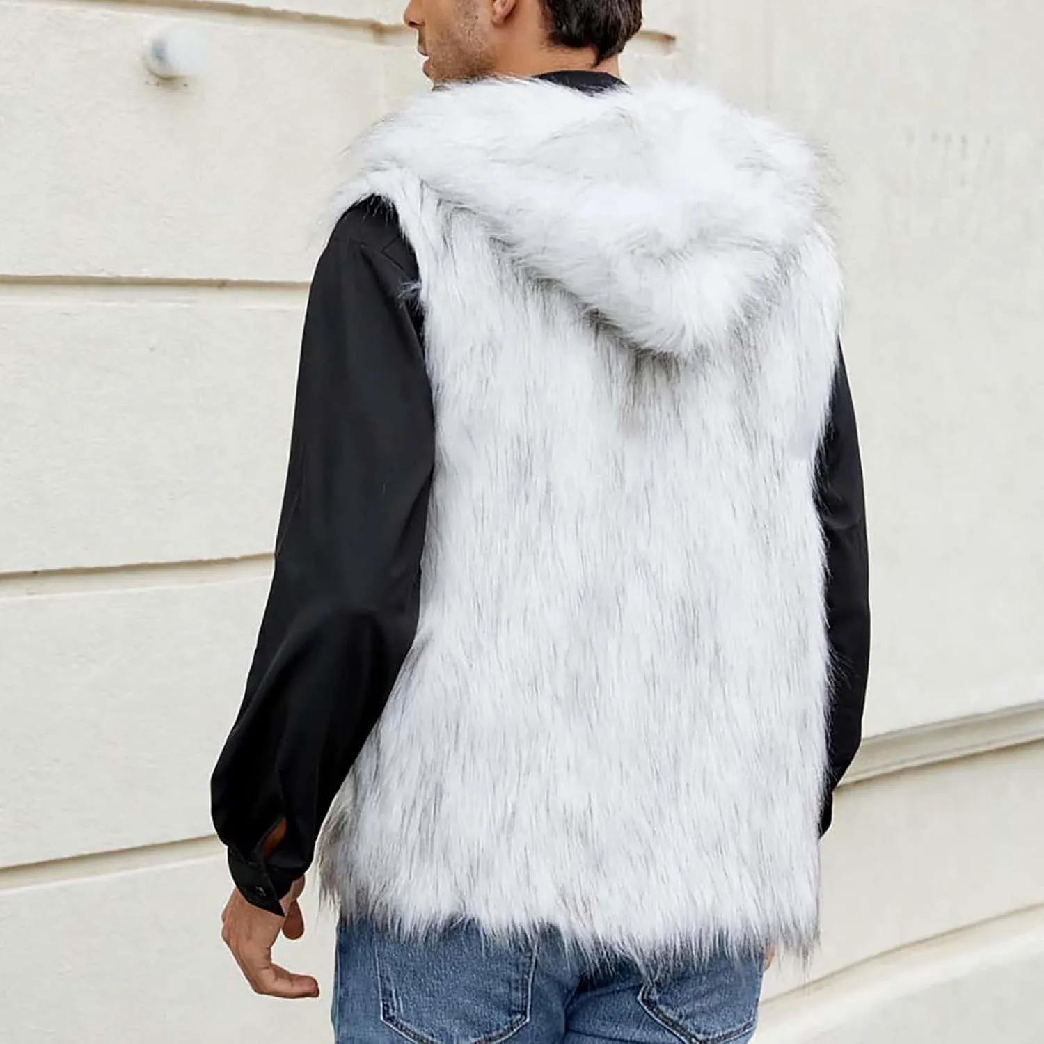 Fur Vest Jacket for Men Furry Faux Fur Coat Hooded Open Front Warm Casual Loose Thicken Cardigan Winter Cardigan Vest