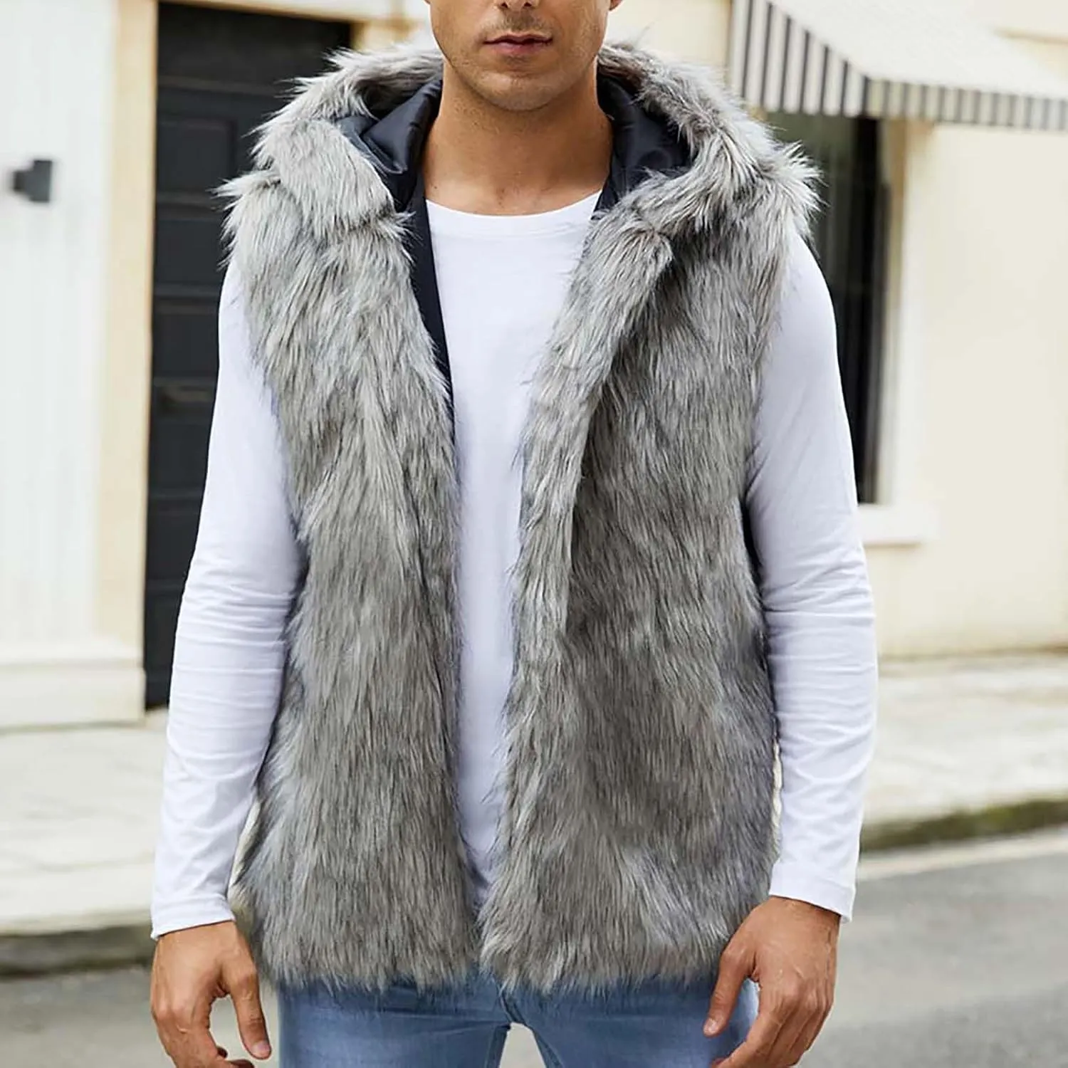 Fur Vest Jacket for Men Furry Faux Fur Coat Hooded Open Front Warm Casual Loose Thicken Cardigan Winter Cardigan Vest
