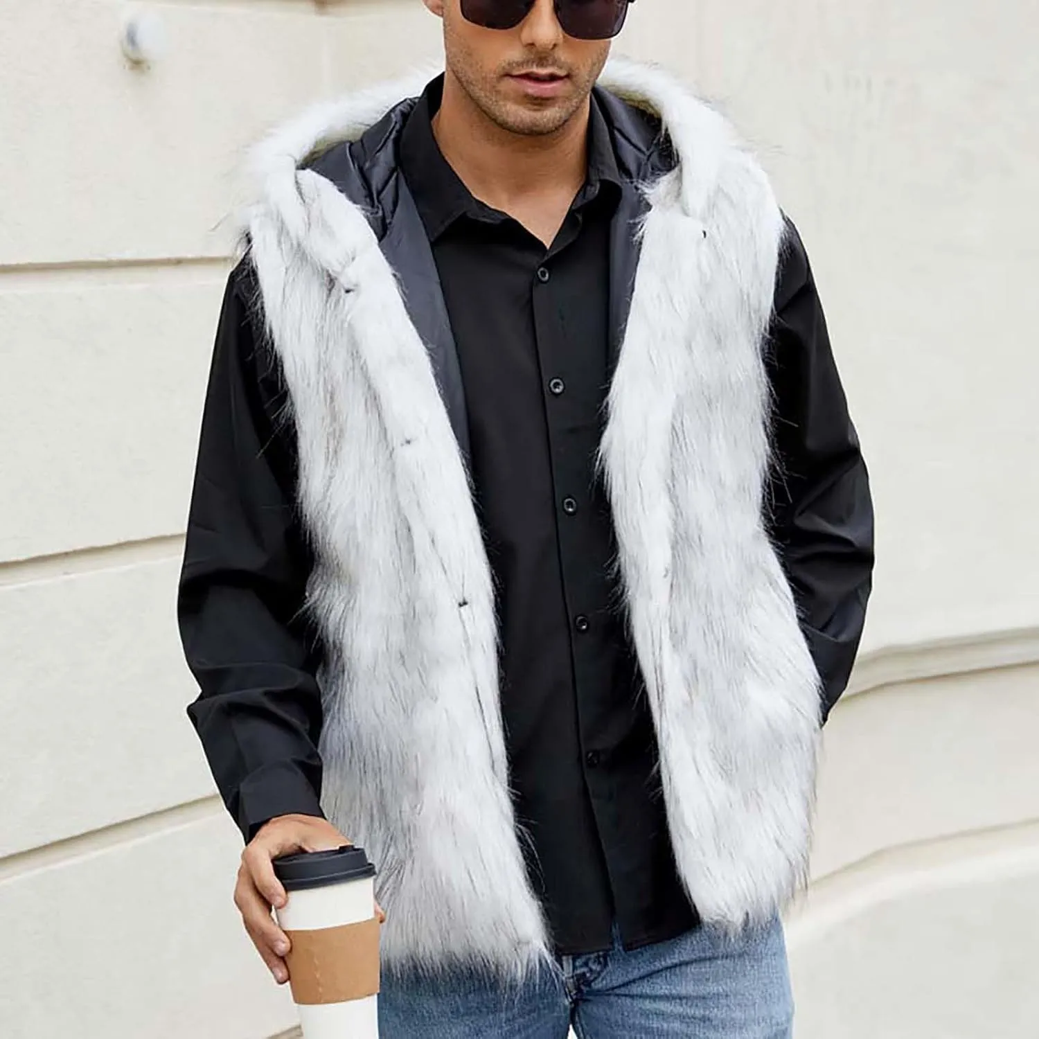 Fur Vest Jacket for Men Furry Faux Fur Coat Hooded Open Front Warm Casual Loose Thicken Cardigan Winter Cardigan Vest